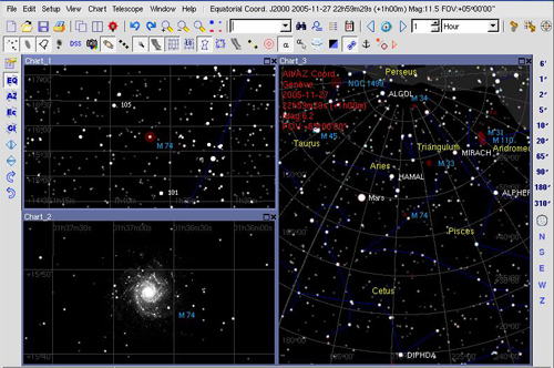 The planetarium application window is divided into three parts, in which the selected area of space is displayed at different scales